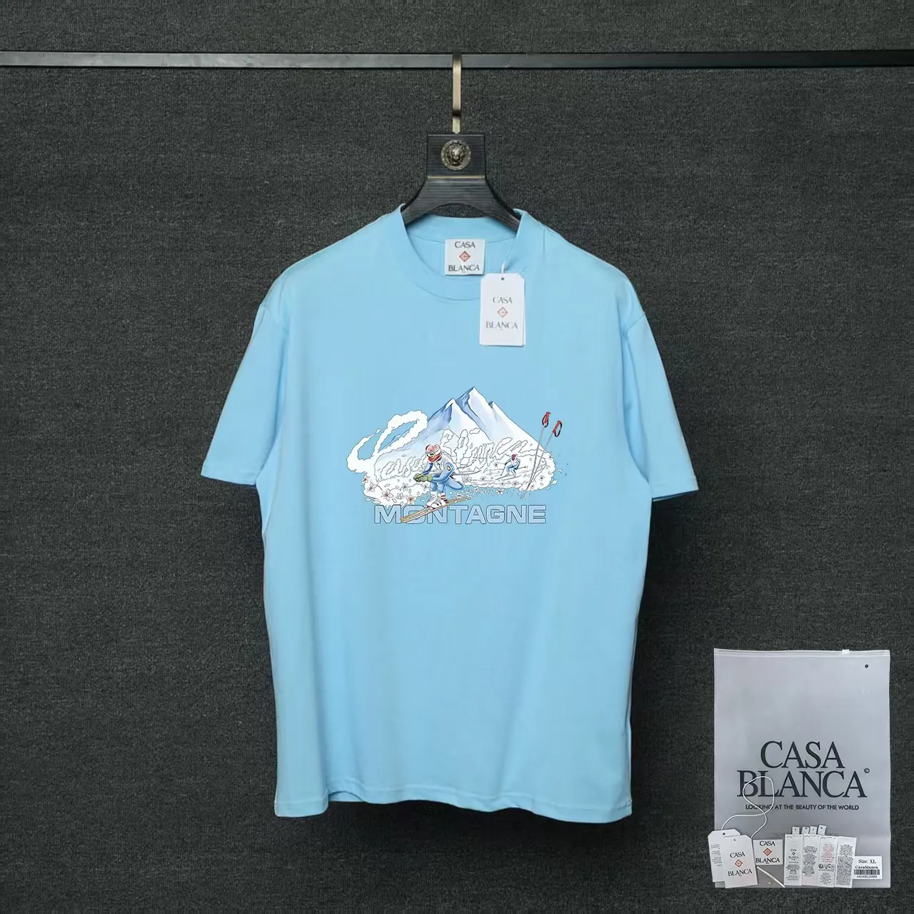 26ss CASABLANCA original printing process short-sleeved T-shirt original development using high-density double yarn pure cotton fabric upper body soft and comfortable color Black White Dark Green color Orange Pink Blue Royal Blue color cigarette powder 8 colors Sizes S M L XL